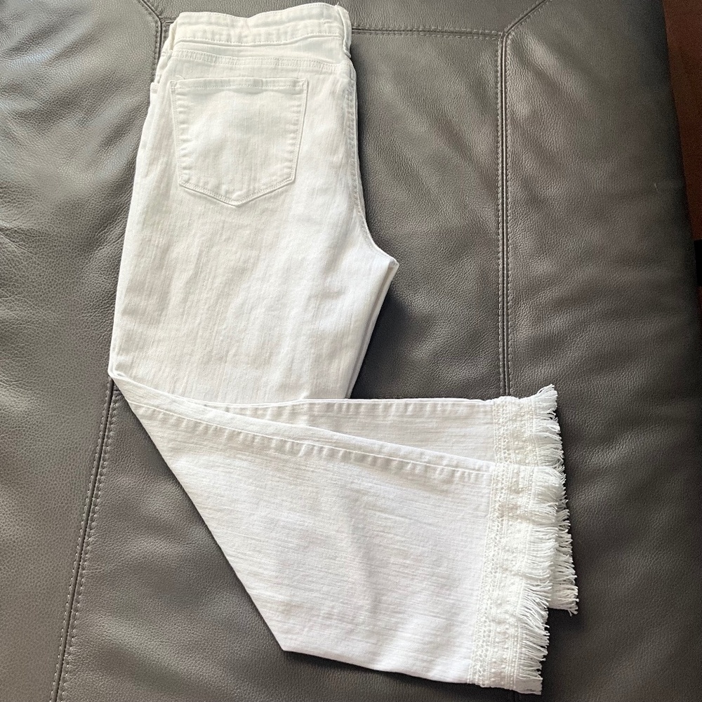 NYDJ BILLIE Ankle Boot Jeans Lace Fringe Hippie Boho Stretch LiftxTuck White 12